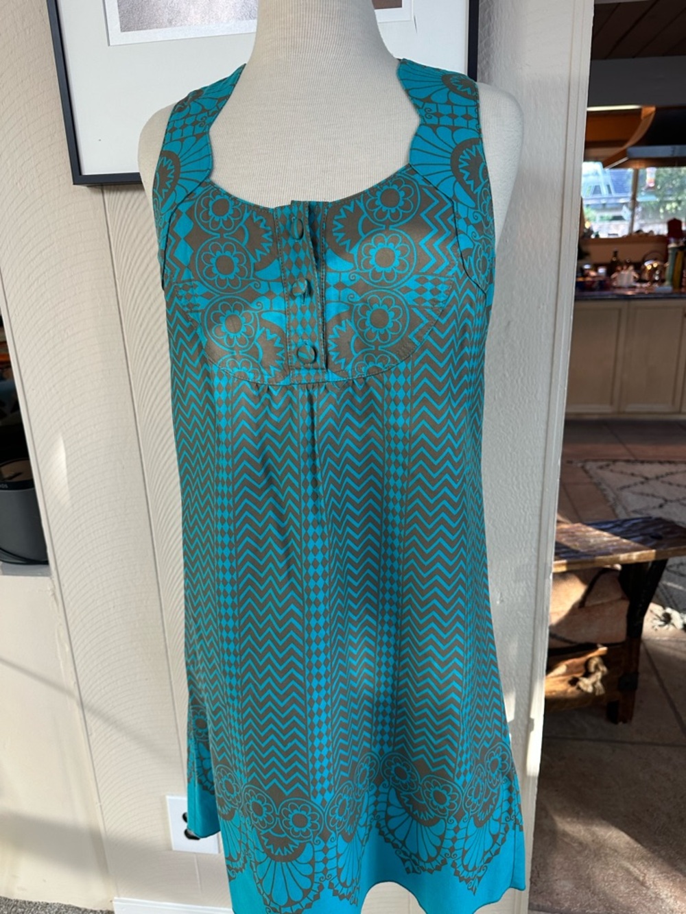 Anna Sui for Anthropologie Turq and Brown Floral Chevron Sleeveless Dress Top - Picture 6 of 7